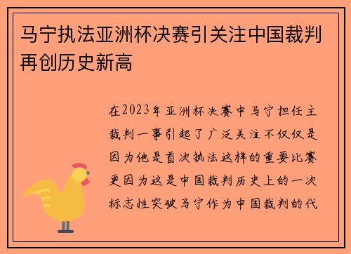 马宁执法亚洲杯决赛引关注中国裁判再创历史新高