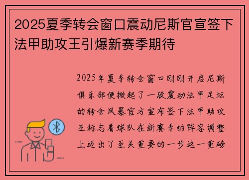 2025夏季转会窗口震动尼斯官宣签下法甲助攻王引爆新赛季期待